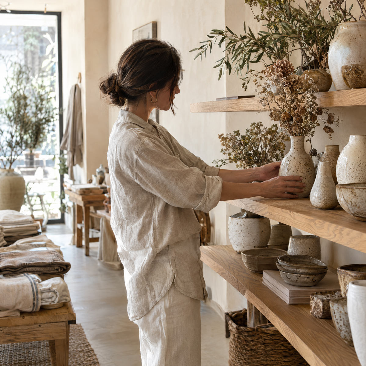 Kobieta układająca ceramikę na dębowej półce we wnętrzu concept store